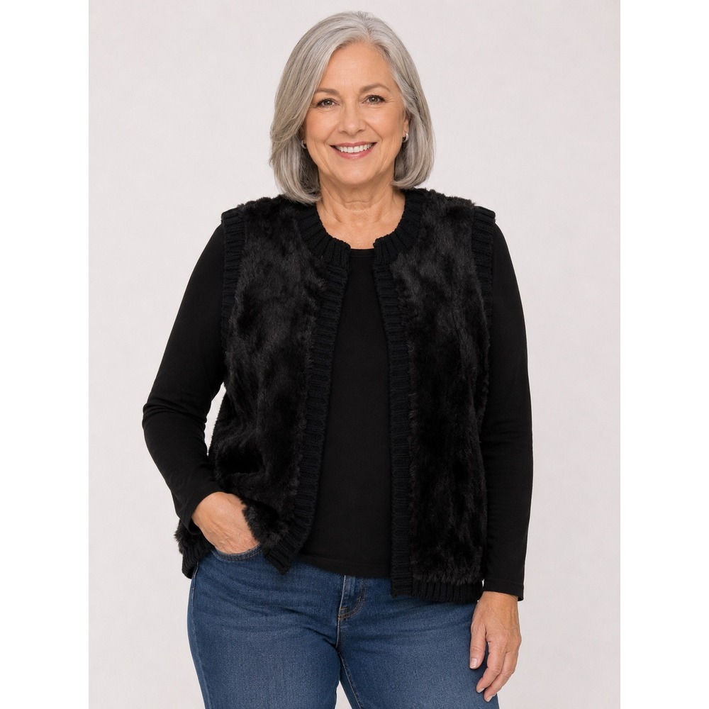 Chicos Faux Fur Knit Vest Womens 2 L Black Wool Blend Open Front Mob Wife Glam